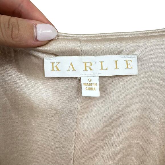 Karlie Sequin Gold Glitter Stripe Faux Wrap V-neck Mini Party Dress - Picture 14 of 16